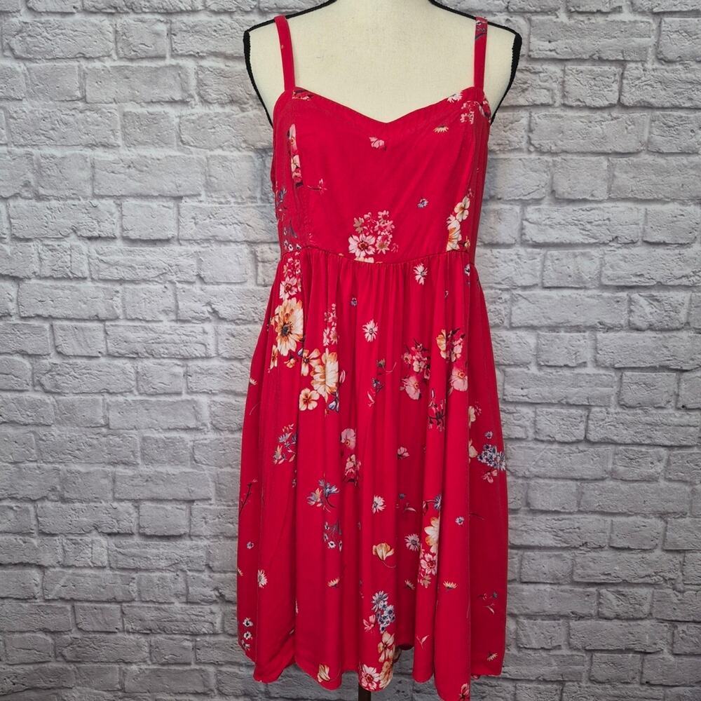 Torrid Red Floral Challis Tank Hi-Lo Skater Sundress Spaghetti Strap Pockets M/L - Picture 3 of 12